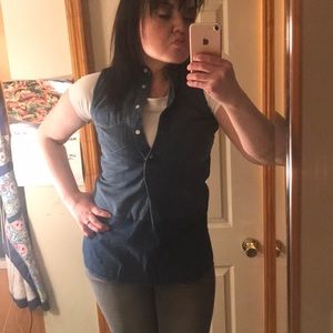 Two toned Denim tank halfway buttoned up high neck